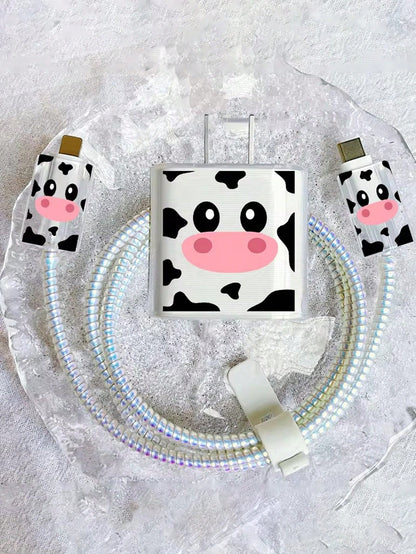 5pcs Set: Cartoon Cow Shaped 1.5m Cable Winder, Data Cable Organizer, Anti-Breaking Charging Cable & Adapter Protector, Compatible With 20W Fast Charging Apple Phone Cable