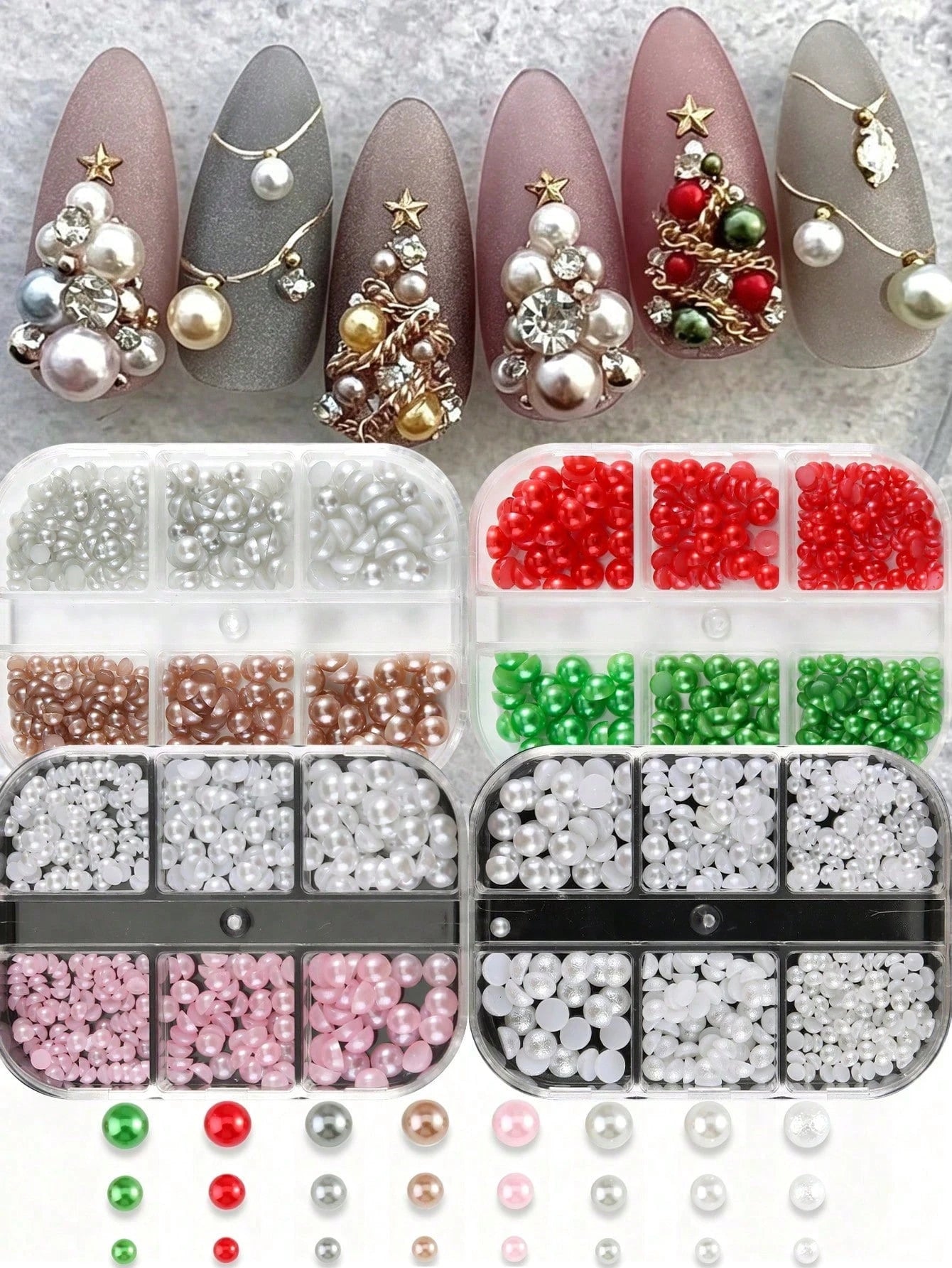 6-Grid Christmas Pearl Nail Art Decoration Beads, 3D Mixed Color Multi-Size Glossy Flat-Bottom Round Pearls, Red, Green, White, Pink, Champagne, Suitable For Creating Christmas Tree Holiday Nail Art
