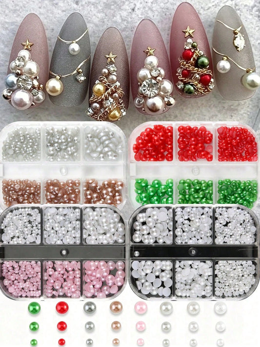 6-Grid Christmas Pearl Nail Art Decoration Beads, 3D Mixed Color Multi-Size Glossy Flat-Bottom Round Pearls, Red, Green, White, Pink, Champagne, Suitable For Creating Christmas Tree Holiday Nail Art