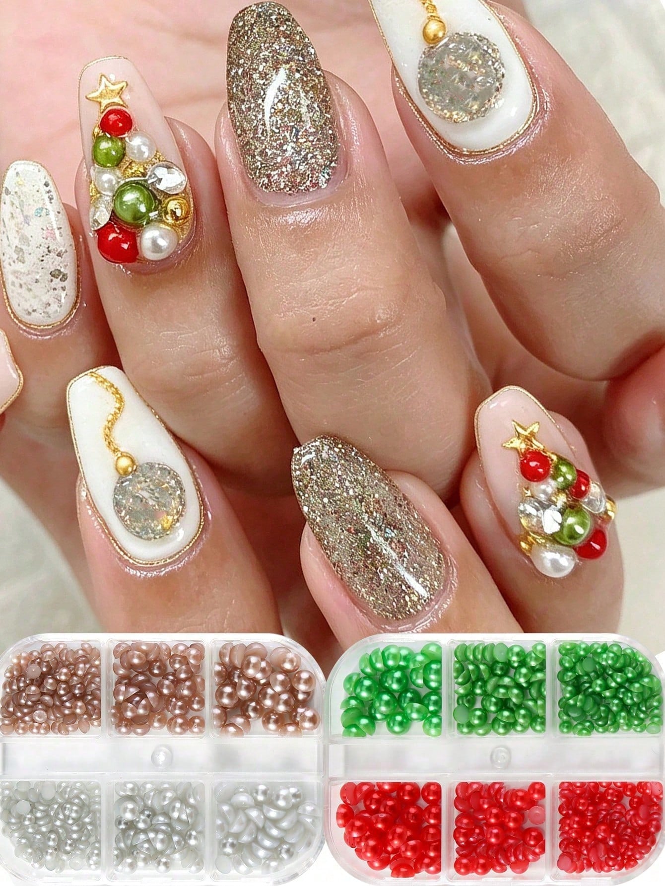 6-Grid Christmas Pearl Nail Art Decoration Beads, 3D Mixed Color Multi-Size Glossy Flat-Bottom Round Pearls, Red, Green, White, Pink, Champagne, Suitable For Creating Christmas Tree Holiday Nail Art