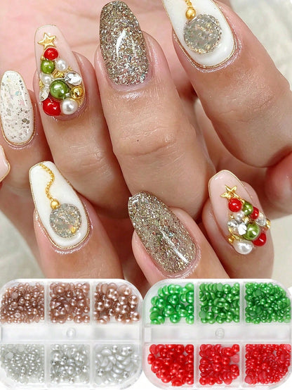 6-Grid Christmas Pearl Nail Art Decoration Beads, 3D Mixed Color Multi-Size Glossy Flat-Bottom Round Pearls, Red, Green, White, Pink, Champagne, Suitable For Creating Christmas Tree Holiday Nail Art