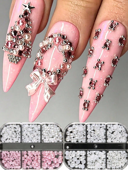 6-Grid Christmas Pearl Nail Art Decoration Beads, 3D Mixed Color Multi-Size Glossy Flat-Bottom Round Pearls, Red, Green, White, Pink, Champagne, Suitable For Creating Christmas Tree Holiday Nail Art