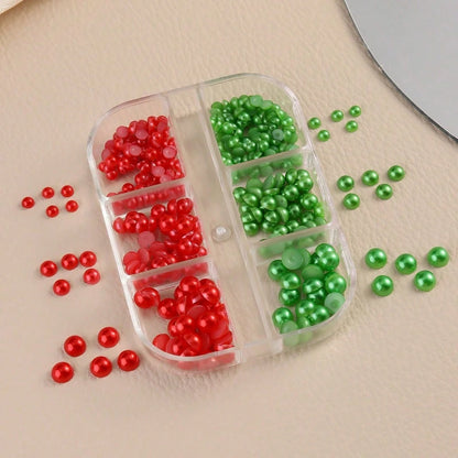 6-Grid Christmas Pearl Nail Art Decoration Beads, 3D Mixed Color Multi-Size Glossy Flat-Bottom Round Pearls, Red, Green, White, Pink, Champagne, Suitable For Creating Christmas Tree Holiday Nail Art