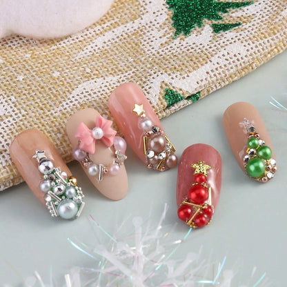 6-Grid Christmas Pearl Nail Art Decoration Beads, 3D Mixed Color Multi-Size Glossy Flat-Bottom Round Pearls, Red, Green, White, Pink, Champagne, Suitable For Creating Christmas Tree Holiday Nail Art