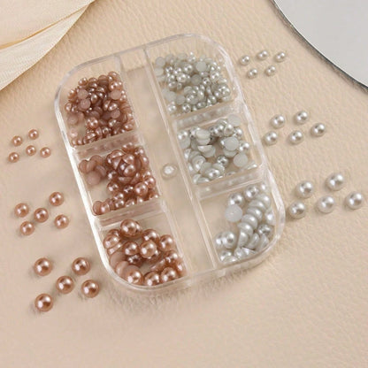 6-Grid Christmas Pearl Nail Art Decoration Beads, 3D Mixed Color Multi-Size Glossy Flat-Bottom Round Pearls, Red, Green, White, Pink, Champagne, Suitable For Creating Christmas Tree Holiday Nail Art