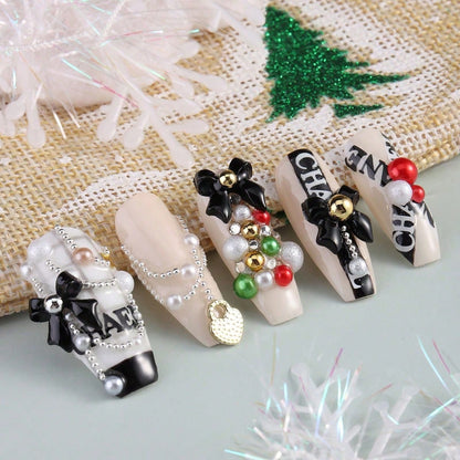 6-Grid Christmas Pearl Nail Art Decoration Beads, 3D Mixed Color Multi-Size Glossy Flat-Bottom Round Pearls, Red, Green, White, Pink, Champagne, Suitable For Creating Christmas Tree Holiday Nail Art