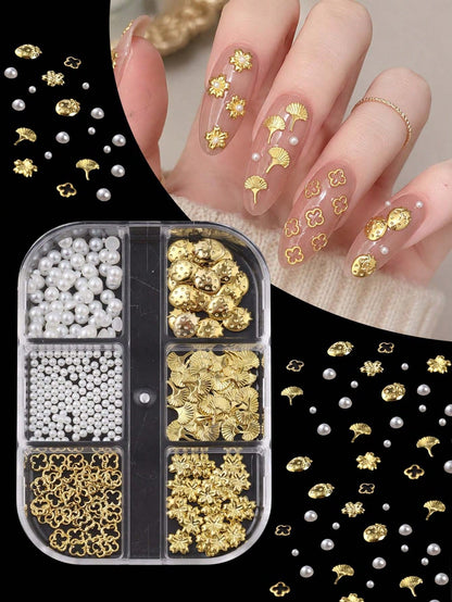 6 Grids Gold Metal Nail Charms Set, 3D Cherry Blossom Ginkgo Strawberry Four Leaf Clover Nail Studs, White Flat & Round Pearl Beads Nail Rhinestones Accessories For DIY Manicure Nail Art Decorations