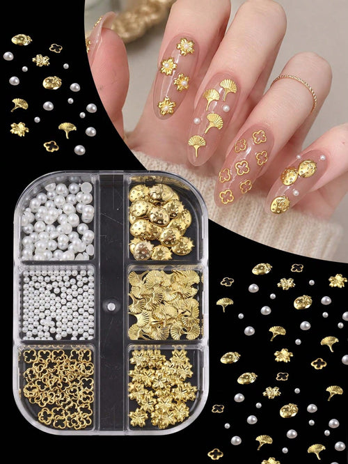 6 Grids Gold Metal Nail Charms Set, 3D Cherry Blossom Ginkgo Strawberry Four Leaf Clover Nail Studs, White Flat & Round Pearl Beads Nail Rhinestones Accessories For DIY Manicure Nail Art Decorations