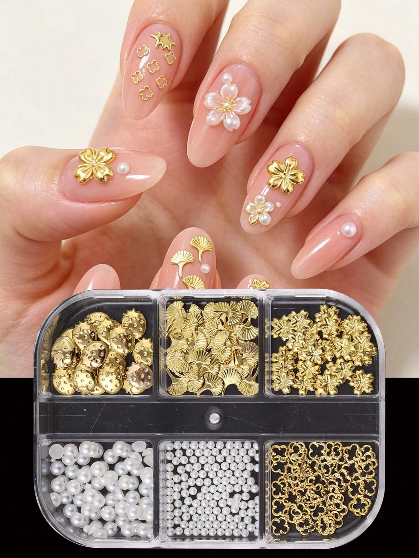 6 Grids Gold Metal Nail Charms Set, 3D Cherry Blossom Ginkgo Strawberry Four Leaf Clover Nail Studs, White Flat & Round Pearl Beads Nail Rhinestones Accessories For DIY Manicure Nail Art Decorations