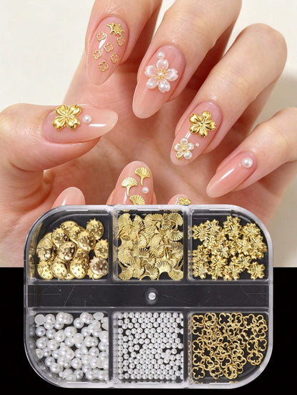 6 Grids Gold Metal Nail Charms Set, 3D Cherry Blossom Ginkgo Strawberry Four Leaf Clover Nail Studs, White Flat & Round Pearl Beads Nail Rhinestones Accessories For DIY Manicure Nail Art Decorations