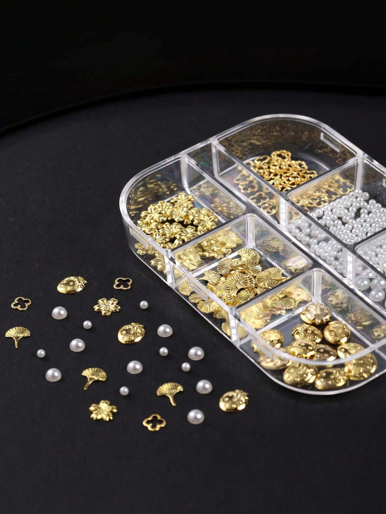6 Grids Gold Metal Nail Charms Set, 3D Cherry Blossom Ginkgo Strawberry Four Leaf Clover Nail Studs, White Flat & Round Pearl Beads Nail Rhinestones Accessories For DIY Manicure Nail Art Decorations