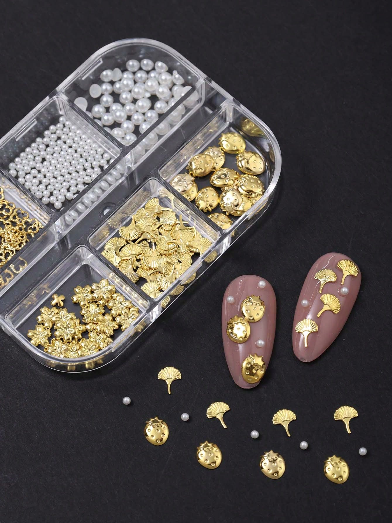 6 Grids Gold Metal Nail Charms Set, 3D Cherry Blossom Ginkgo Strawberry Four Leaf Clover Nail Studs, White Flat & Round Pearl Beads Nail Rhinestones Accessories For DIY Manicure Nail Art Decorations
