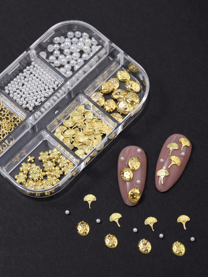 6 Grids Gold Metal Nail Charms Set, 3D Cherry Blossom Ginkgo Strawberry Four Leaf Clover Nail Studs, White Flat & Round Pearl Beads Nail Rhinestones Accessories For DIY Manicure Nail Art Decorations