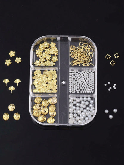 6 Grids Gold Metal Nail Charms Set, 3D Cherry Blossom Ginkgo Strawberry Four Leaf Clover Nail Studs, White Flat & Round Pearl Beads Nail Rhinestones Accessories For DIY Manicure Nail Art Decorations