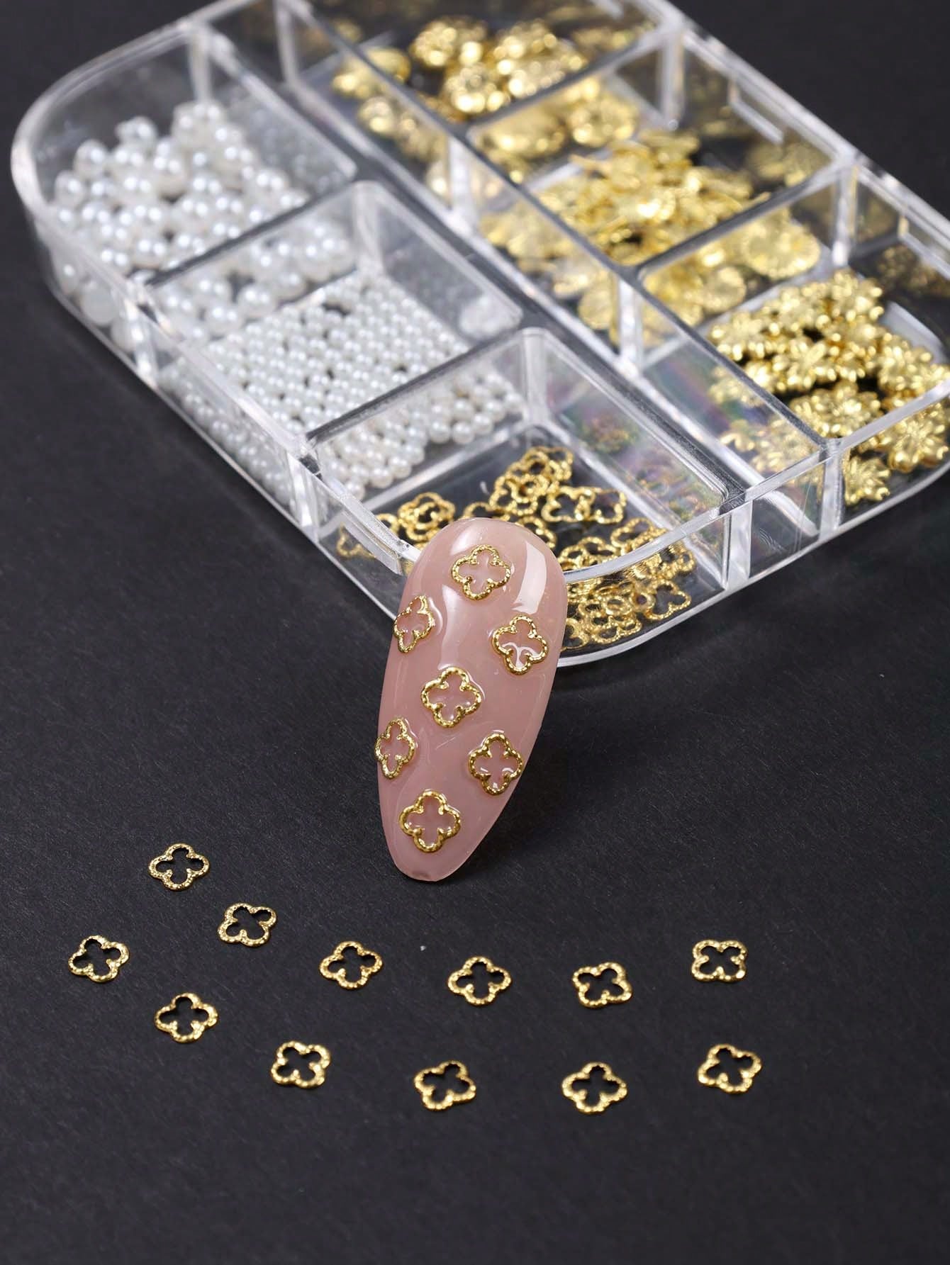 6 Grids Gold Metal Nail Charms Set, 3D Cherry Blossom Ginkgo Strawberry Four Leaf Clover Nail Studs, White Flat & Round Pearl Beads Nail Rhinestones Accessories For DIY Manicure Nail Art Decorations