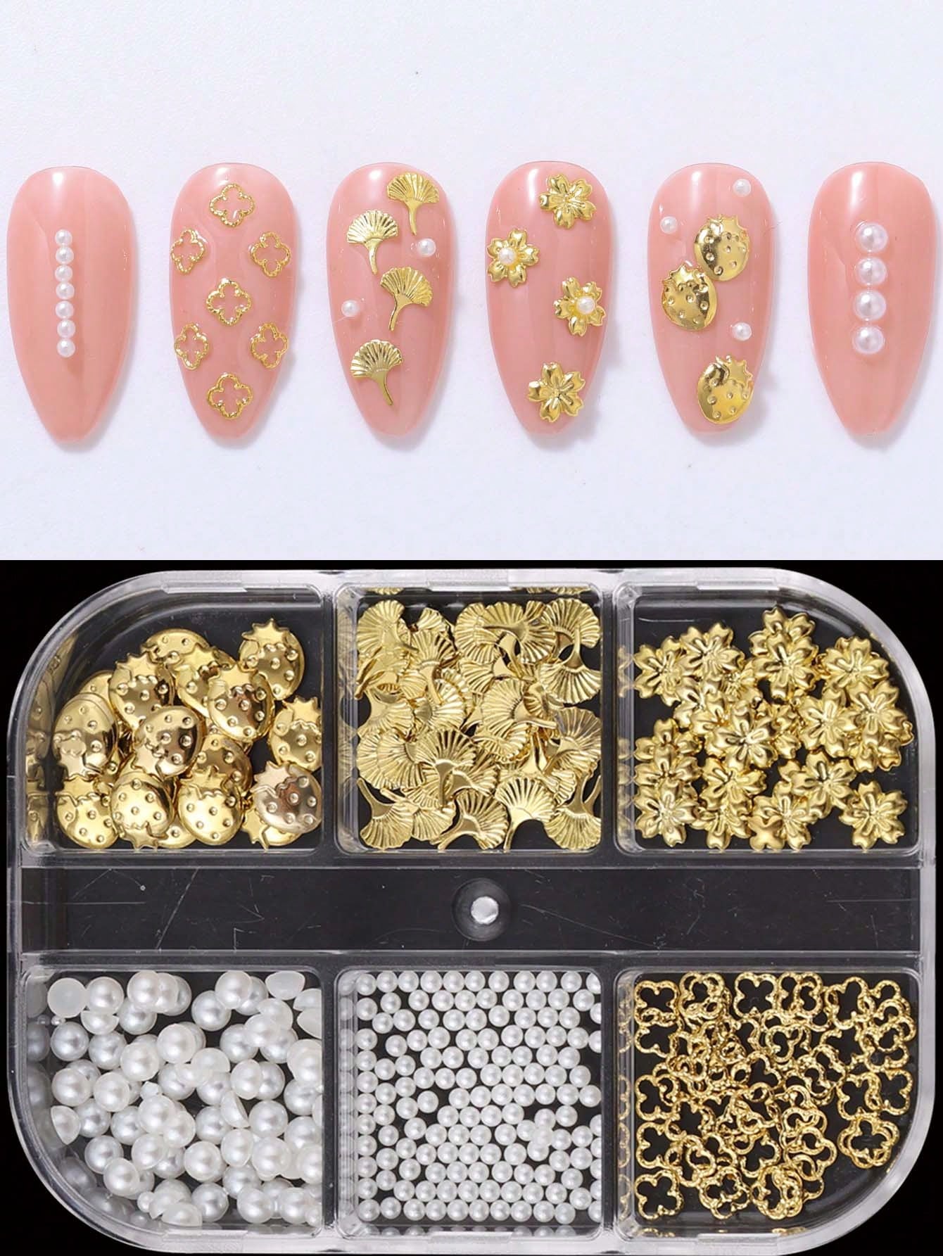 6 Grids Gold Metal Nail Charms Set, 3D Cherry Blossom Ginkgo Strawberry Four Leaf Clover Nail Studs, White Flat & Round Pearl Beads Nail Rhinestones Accessories For DIY Manicure Nail Art Decorations