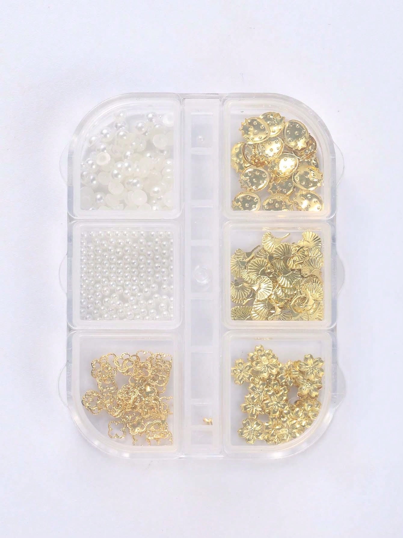6 Grids Gold Metal Nail Charms Set, 3D Cherry Blossom Ginkgo Strawberry Four Leaf Clover Nail Studs, White Flat & Round Pearl Beads Nail Rhinestones Accessories For DIY Manicure Nail Art Decorations