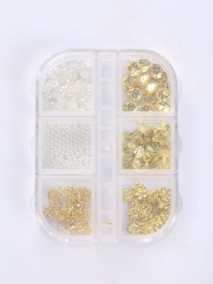 6 Grids Gold Metal Nail Charms Set, 3D Cherry Blossom Ginkgo Strawberry Four Leaf Clover Nail Studs, White Flat & Round Pearl Beads Nail Rhinestones Accessories For DIY Manicure Nail Art Decorations