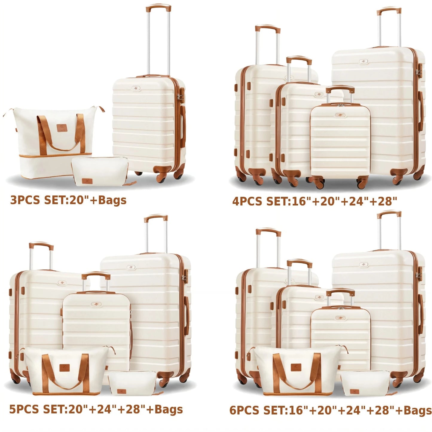 6-Piece Luggage Set, 16/20/24/28 Inch Suitcases,ABS Hardside Spinner Carry On Suitcase + 2 Travel Bags For Family Vacations,Back To School