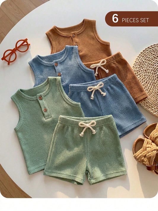 6-Piece Newborn Summer Cute Casual Knitted Vest And Shorts Set,Neutral Colors Baby Clothes,Unisex Boy Summer Outfits,Brown And Blue,Family Matching