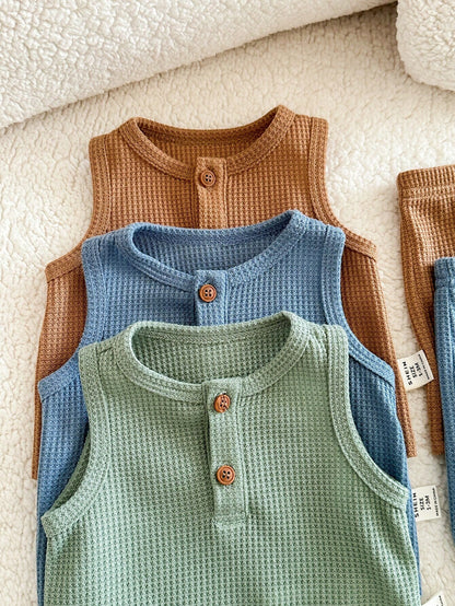6-Piece Newborn Summer Cute Casual Knitted Vest And Shorts Set,Neutral Colors Baby Clothes,Unisex Boy Summer Outfits,Brown And Blue,Family Matching