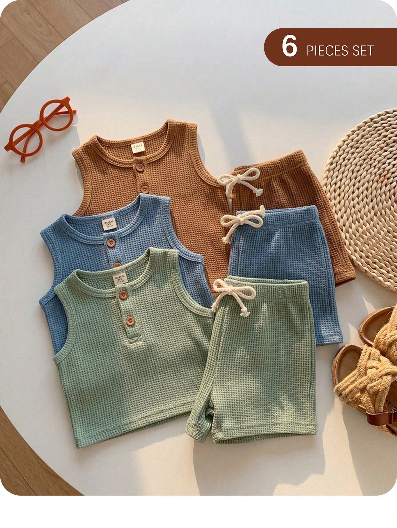 6-Piece Newborn Summer Cute Casual Knitted Vest And Shorts Set,Neutral Colors Baby Clothes,Unisex Boy Summer Outfits,Brown And Blue,Family Matching
