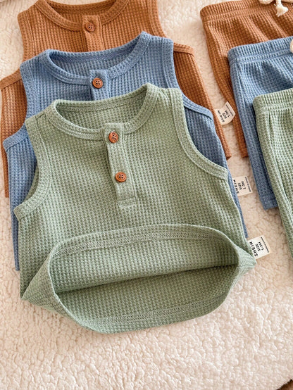 6-Piece Newborn Summer Cute Casual Knitted Vest And Shorts Set,Neutral Colors Baby Clothes,Unisex Boy Summer Outfits,Brown And Blue,Family Matching