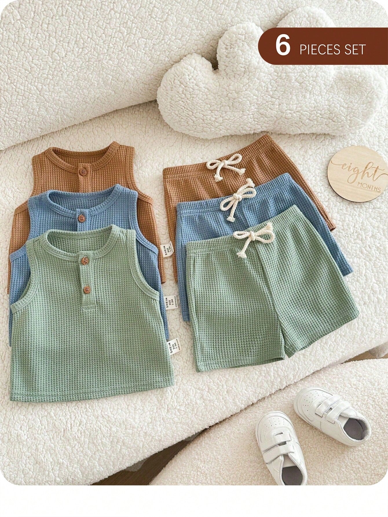 6-Piece Newborn Summer Cute Casual Knitted Vest And Shorts Set,Neutral Colors Baby Clothes,Unisex Boy Summer Outfits,Brown And Blue,Family Matching