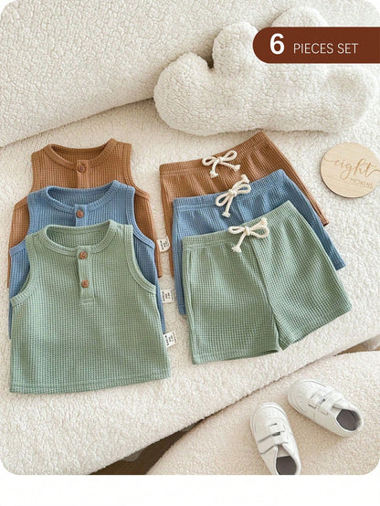 6-Piece Newborn Summer Cute Casual Knitted Vest And Shorts Set,Neutral Colors Baby Clothes,Unisex Boy Summer Outfits,Brown And Blue,Family Matching