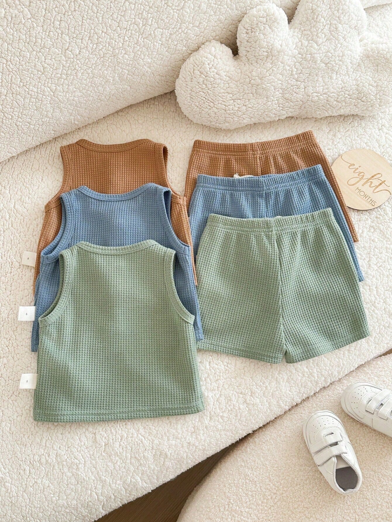 6-Piece Newborn Summer Cute Casual Knitted Vest And Shorts Set,Neutral Colors Baby Clothes,Unisex Boy Summer Outfits,Brown And Blue,Family Matching