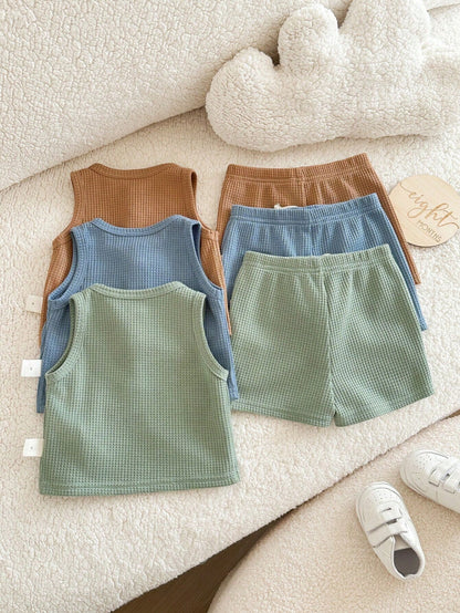 6-Piece Newborn Summer Cute Casual Knitted Vest And Shorts Set,Neutral Colors Baby Clothes,Unisex Boy Summer Outfits,Brown And Blue,Family Matching