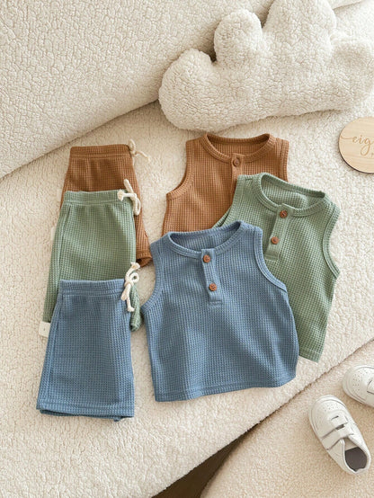 6-Piece Newborn Summer Cute Casual Knitted Vest And Shorts Set,Neutral Colors Baby Clothes,Unisex Boy Summer Outfits,Brown And Blue,Family Matching