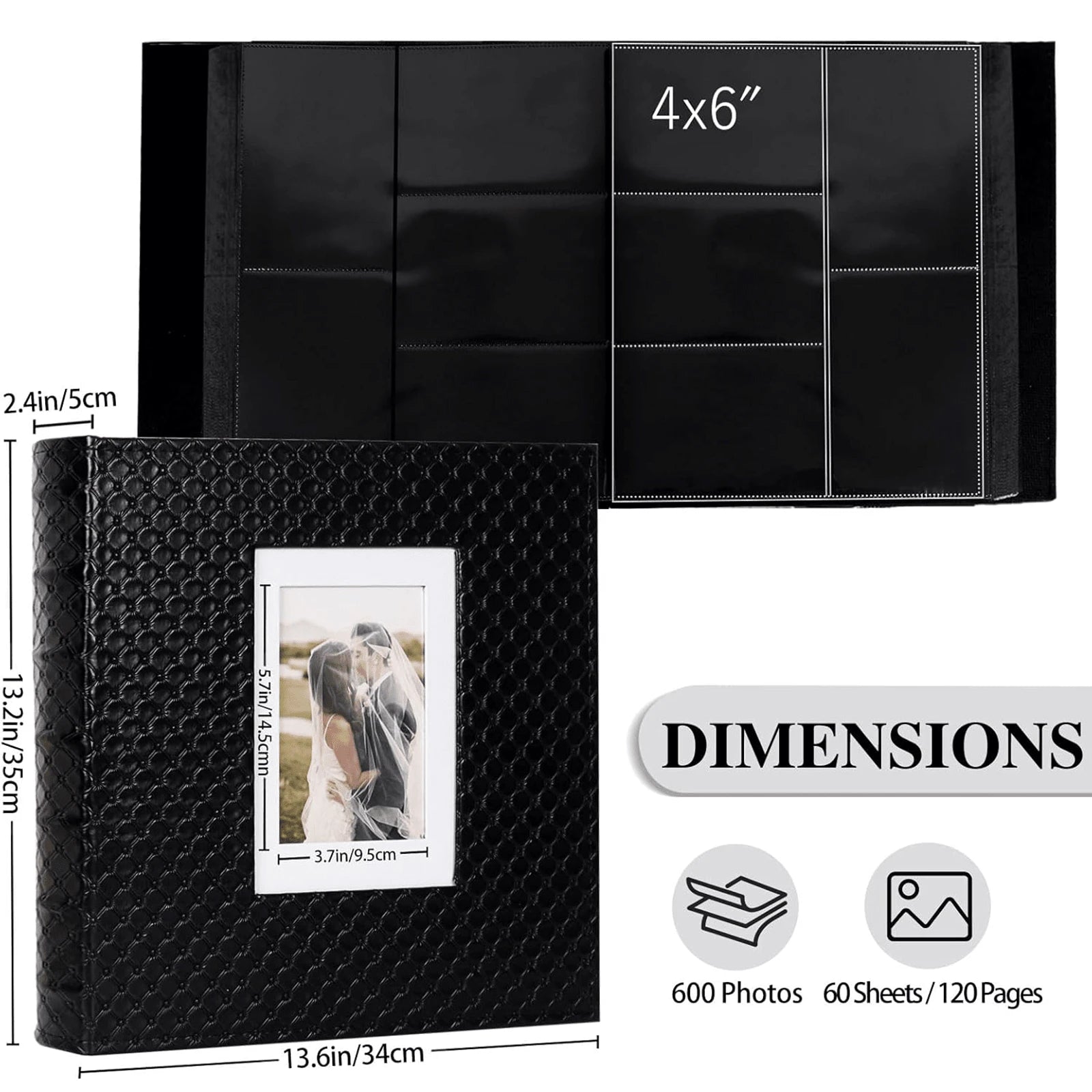 600 Pockets Photo Album For 4x6 Pictures Black Inner Page Button Grain Leather Cover Of Large Capacity Pictures Album Book Birthday Christmas Wedding Anniversary Memory (Black)