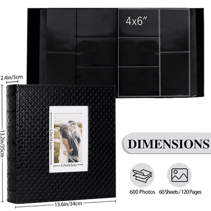 600 Pockets Photo Album For 4x6 Pictures Black Inner Page Button Grain Leather Cover Of Large Capacity Pictures Album Book Birthday Christmas Wedding Anniversary Memory (Black)