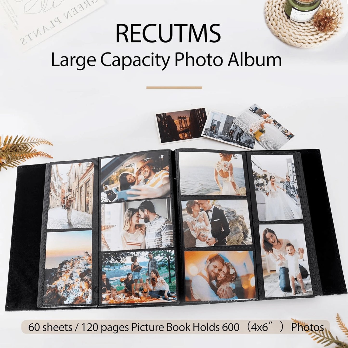 600 Pockets Photo Album For 4x6 Pictures Black Inner Page Button Grain Leather Cover Of Large Capacity Pictures Album Book Birthday Christmas Wedding Anniversary Memory (Black)