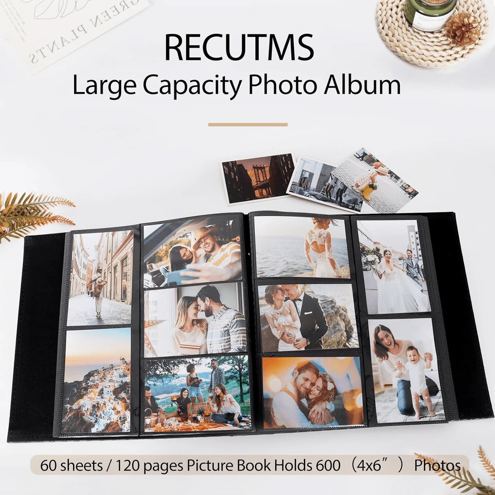 600 Pockets Photo Album For 4x6 Pictures Black Inner Page Button Grain Leather Cover Of Large Capacity Pictures Album Book Birthday Christmas Wedding Anniversary Memory (Black)