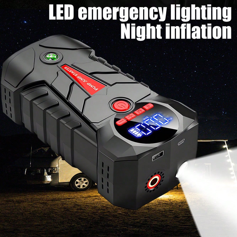 6000mAh Jump Starter With Air Compressor, 150PSI Portable Tire Inflator For Car, 600A Peak 1000A Car Battery Booster, Power Bank & LED Emergency Light For 12V Gas Vehicles, Type-C Input
