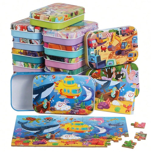 60pcs Kids Cartoon Tin Box Puzzle, Educational Early Learning Toy, Dinosaur/Animal/Construction Vehicle/Underwater World/Amusement Park Theme, 3+ Wooden Puzzle Board, Kindergarten Gift