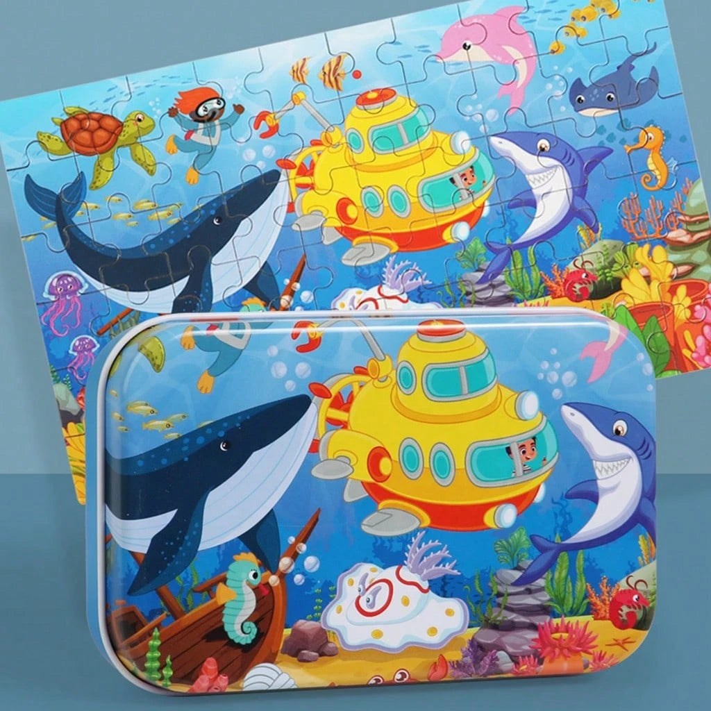 60pcs Kids Cartoon Tin Box Puzzle, Educational Early Learning Toy, Dinosaur/Animal/Construction Vehicle/Underwater World/Amusement Park Theme, 3+ Wooden Puzzle Board, Kindergarten Gift