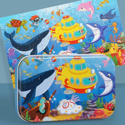 60pcs Kids Cartoon Tin Box Puzzle, Educational Early Learning Toy, Dinosaur/Animal/Construction Vehicle/Underwater World/Amusement Park Theme, 3+ Wooden Puzzle Board, Kindergarten Gift
