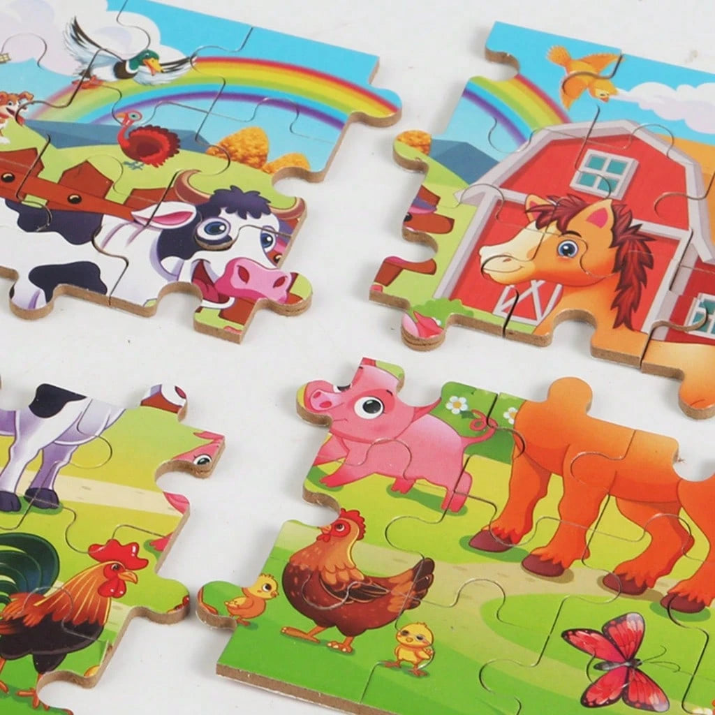 60pcs Kids Cartoon Tin Box Puzzle, Educational Early Learning Toy, Dinosaur/Animal/Construction Vehicle/Underwater World/Amusement Park Theme, 3+ Wooden Puzzle Board, Kindergarten Gift