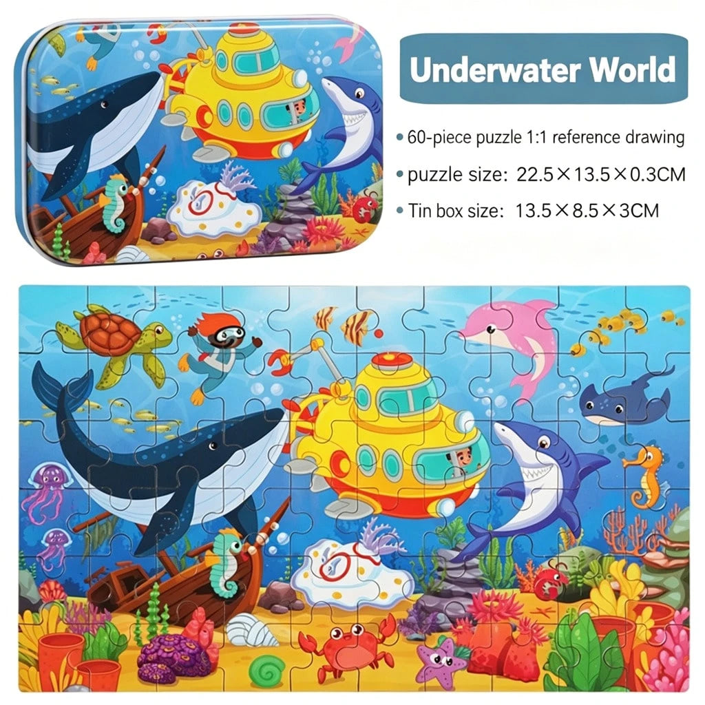 60pcs Kids Cartoon Tin Box Puzzle, Educational Early Learning Toy, Dinosaur/Animal/Construction Vehicle/Underwater World/Amusement Park Theme, 3+ Wooden Puzzle Board, Kindergarten Gift