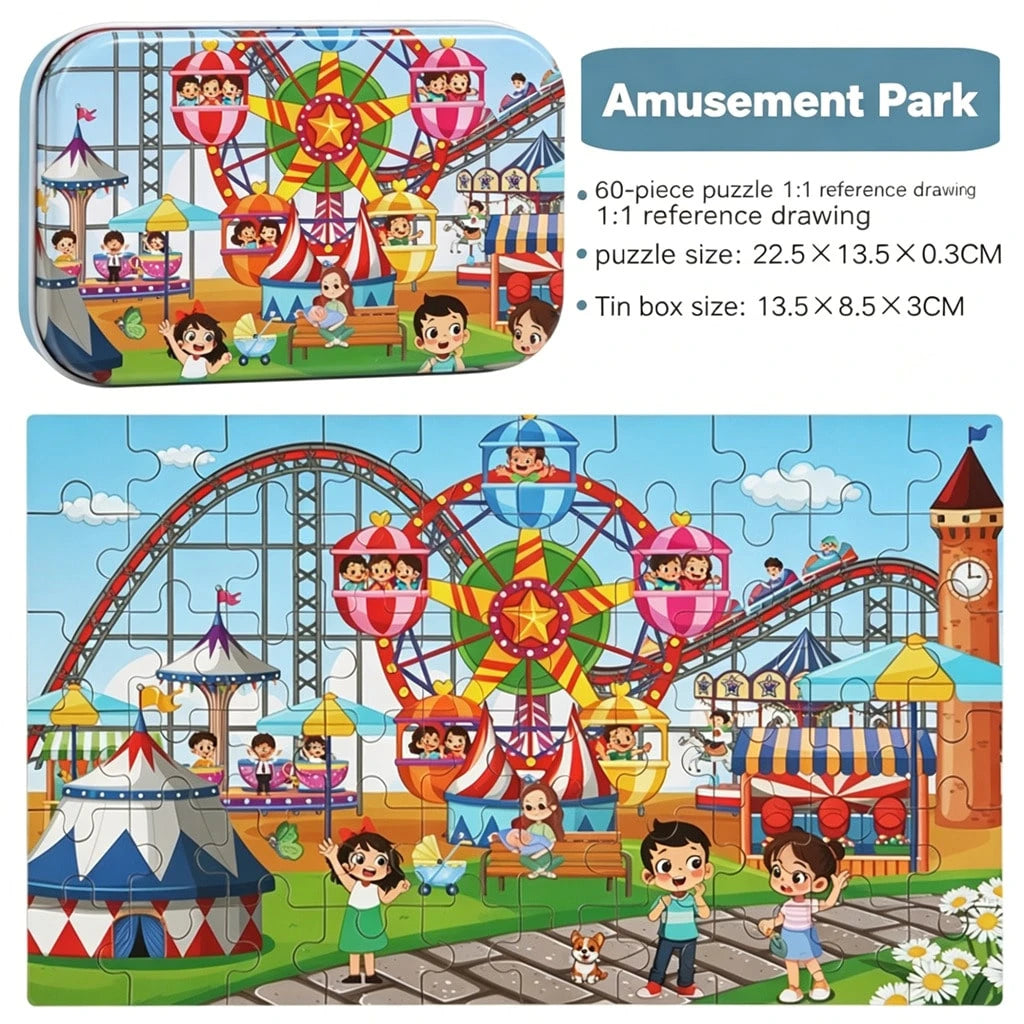 60pcs Kids Cartoon Tin Box Puzzle, Educational Early Learning Toy, Dinosaur/Animal/Construction Vehicle/Underwater World/Amusement Park Theme, 3+ Wooden Puzzle Board, Kindergarten Gift