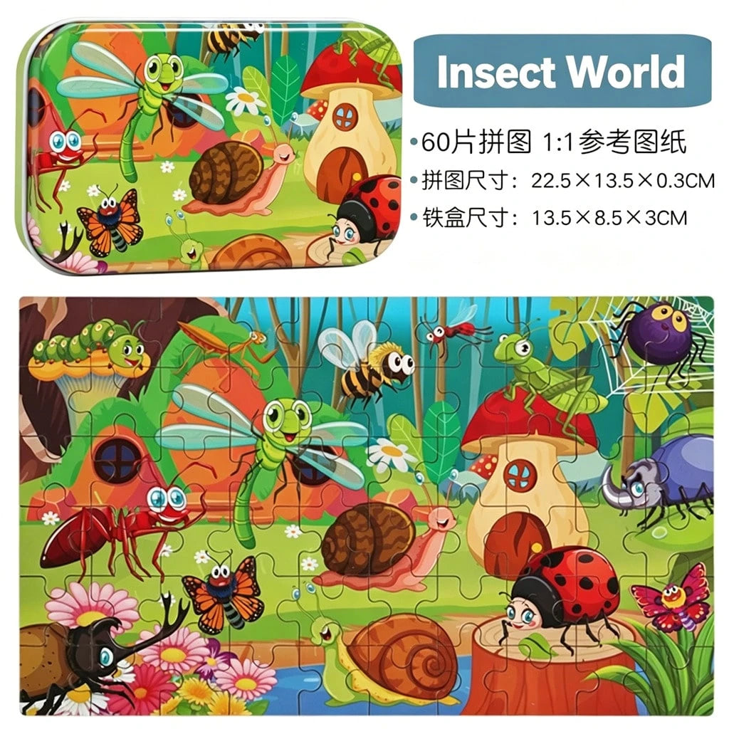 60pcs Kids Cartoon Tin Box Puzzle, Educational Early Learning Toy, Dinosaur/Animal/Construction Vehicle/Underwater World/Amusement Park Theme, 3+ Wooden Puzzle Board, Kindergarten Gift