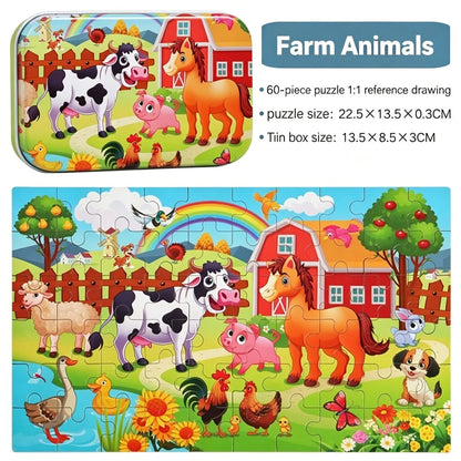 60pcs Kids Cartoon Tin Box Puzzle, Educational Early Learning Toy, Dinosaur/Animal/Construction Vehicle/Underwater World/Amusement Park Theme, 3+ Wooden Puzzle Board, Kindergarten Gift