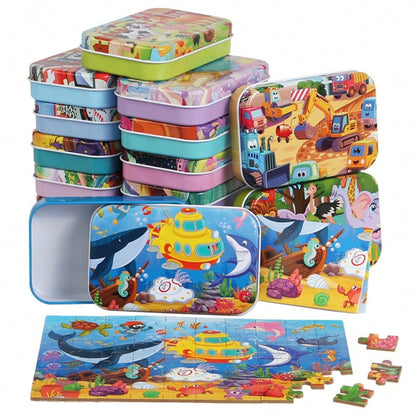 60pcs Kids Cartoon Tin Box Puzzle, Educational Early Learning Toy, Dinosaur/Animal/Construction Vehicle/Underwater World/Amusement Park Theme, 3+ Wooden Puzzle Board, Kindergarten Gift