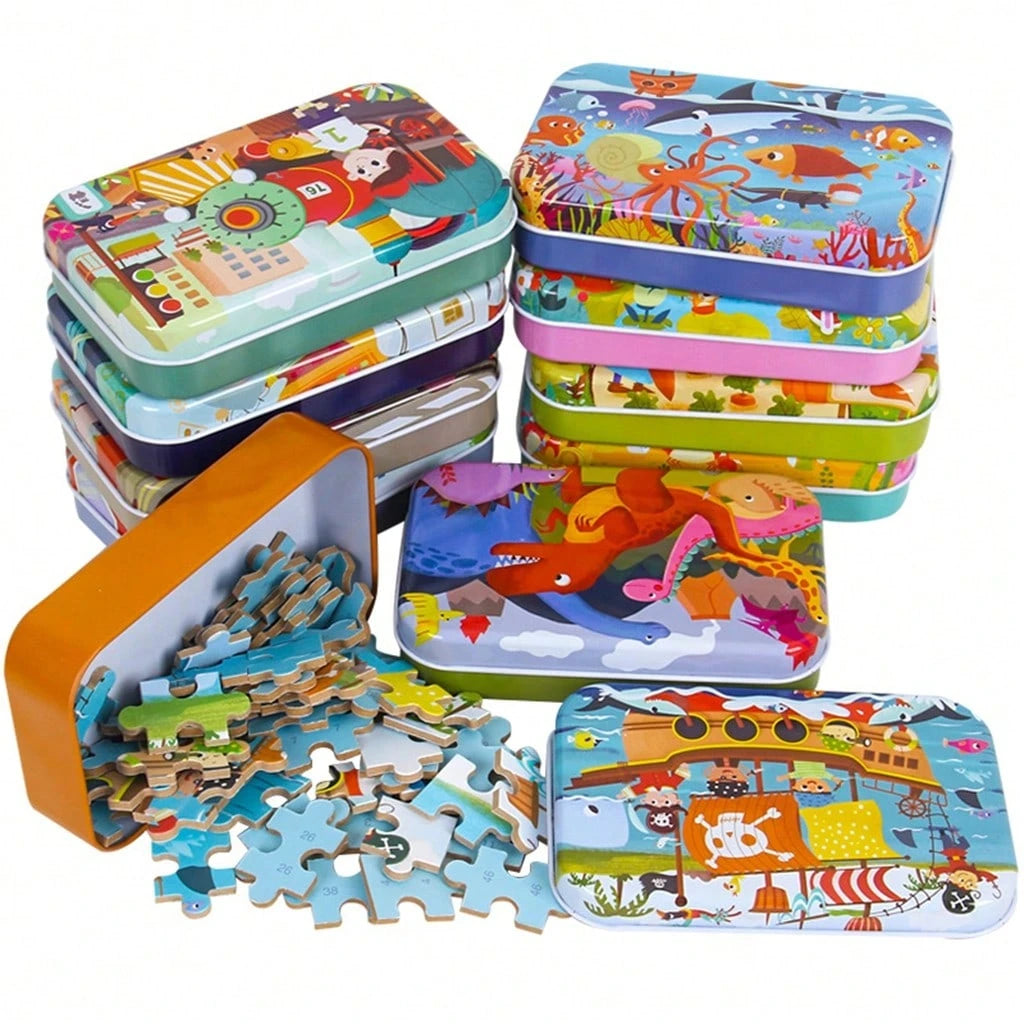 60pcs Wooden Cartoon Jigsaw Puzzles In Metal Box, Educational Toys For Preschool Children, Helpful For Cognitive Development And Fine Motor Skills, Travel And Birthday Gift