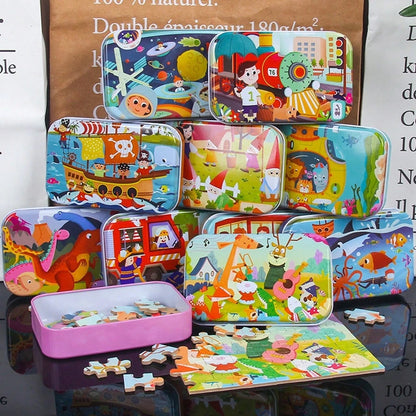 60pcs Wooden Cartoon Jigsaw Puzzles In Metal Box, Educational Toys For Preschool Children, Helpful For Cognitive Development And Fine Motor Skills, Travel And Birthday Gift
