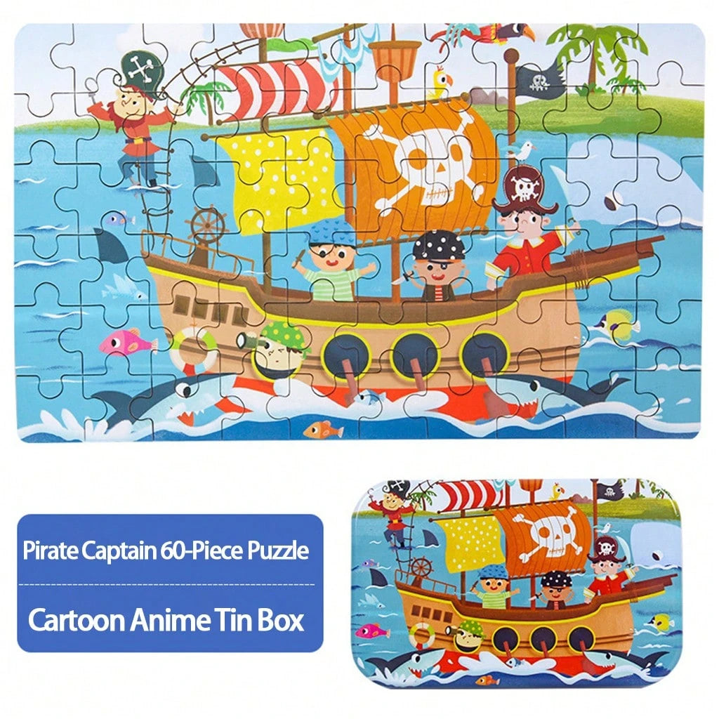 60pcs Wooden Cartoon Jigsaw Puzzles In Metal Box, Educational Toys For Preschool Children, Helpful For Cognitive Development And Fine Motor Skills, Travel And Birthday Gift