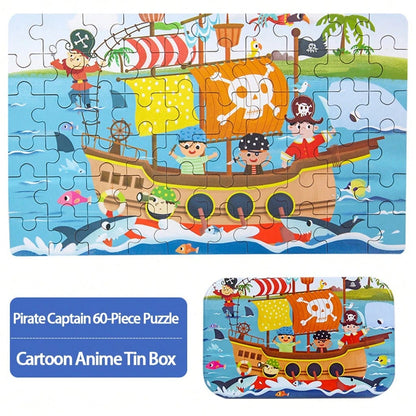 60pcs Wooden Cartoon Jigsaw Puzzles In Metal Box, Educational Toys For Preschool Children, Helpful For Cognitive Development And Fine Motor Skills, Travel And Birthday Gift